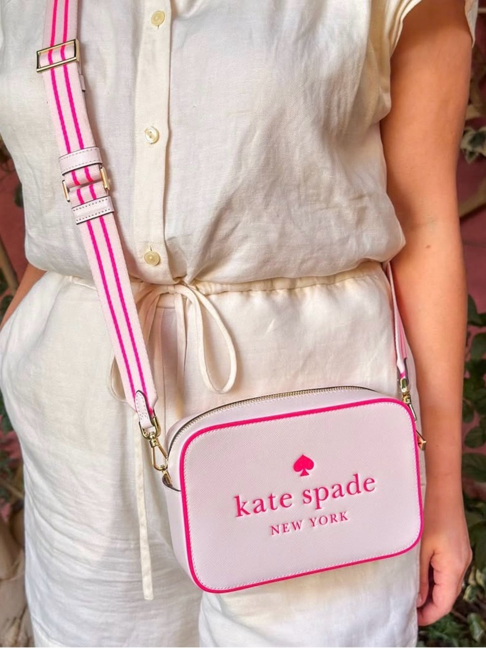 kate spade White and Pink Crossbody Bag with Striped Strap